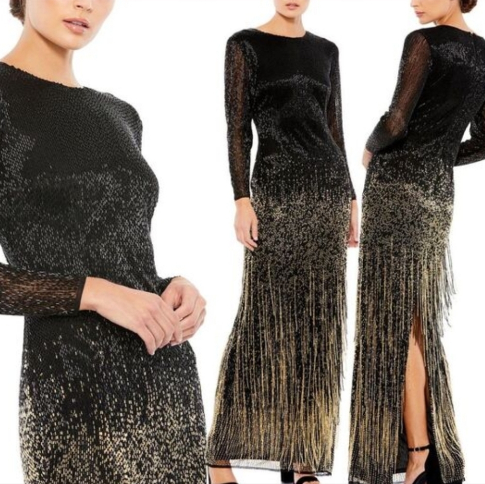 Mac Duggal Black Long Sleeve Beaded Fringe Evening Gown Style